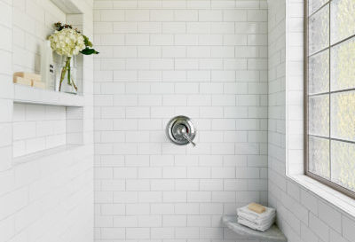 bathroom shower remodel white subway tile with built in shelving chrome finishes