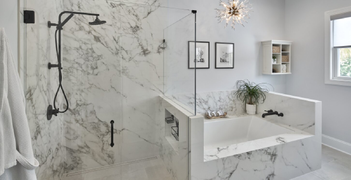 Bathroom remodel with built in bath and separate glass shower