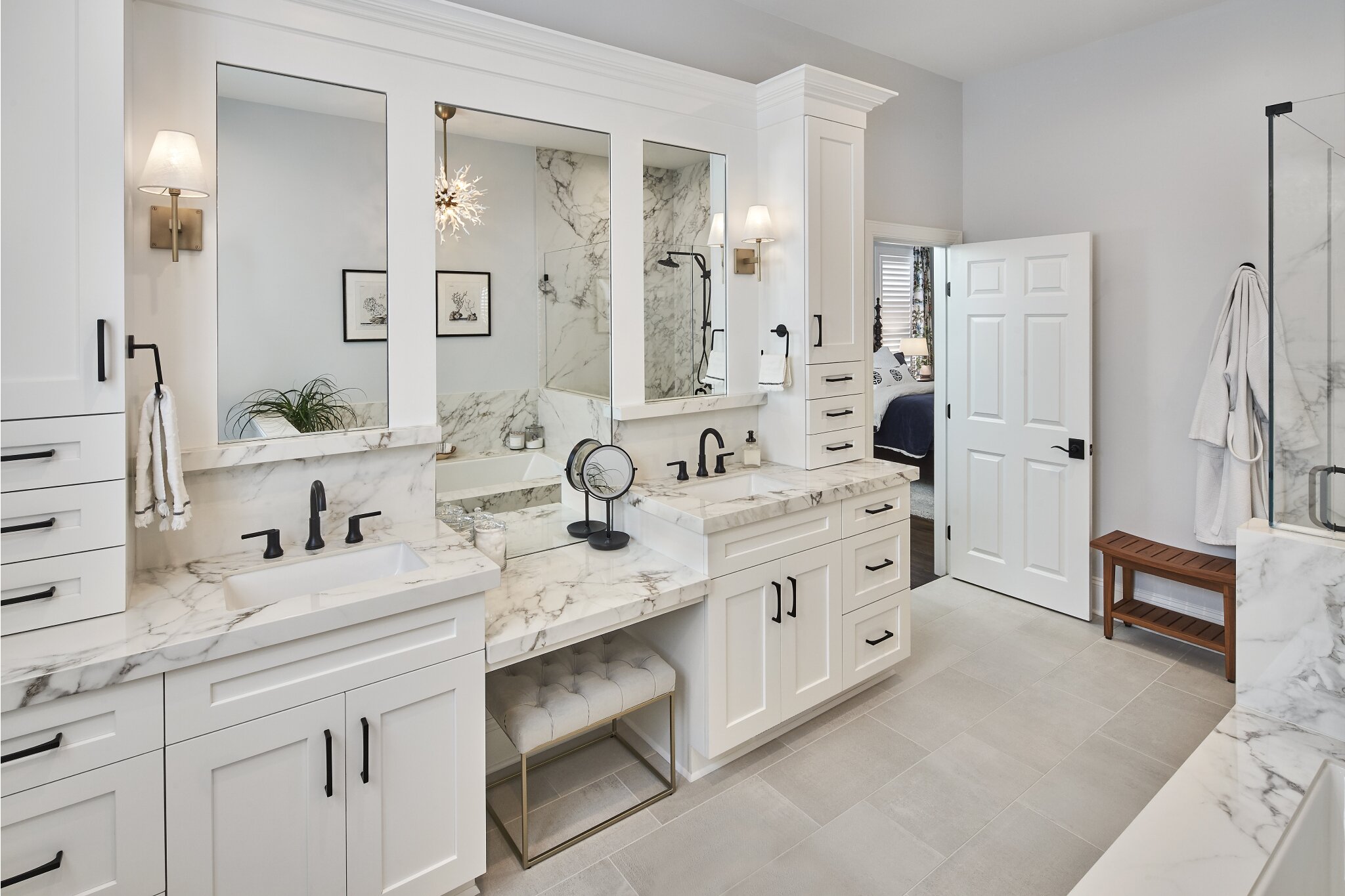 Large bathroom remodel with a white double vanity
