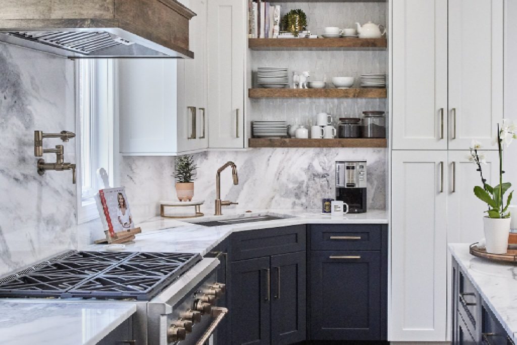 Kitchen with white cabinetry and open shelves