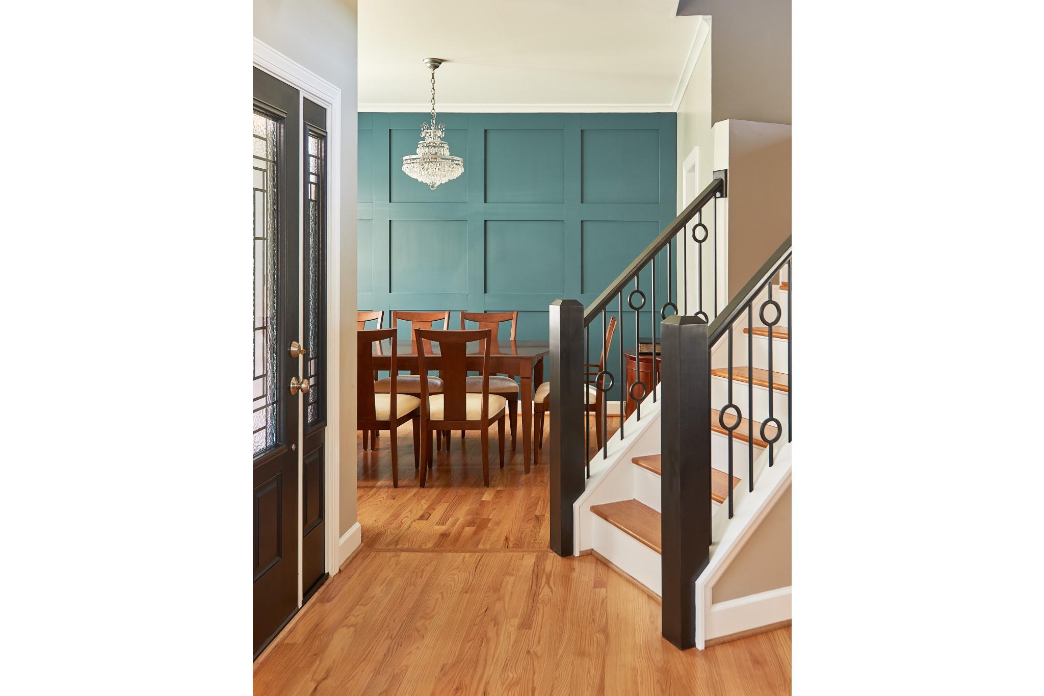entry way remodel turquoise feature wall in dining room light color stairs hardwood floors
