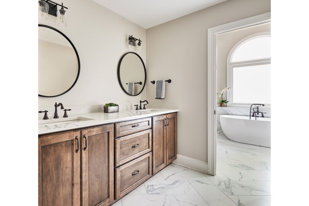 modern bathroom renovation stone tile flooring double sink and mirror vanity granite countertops
