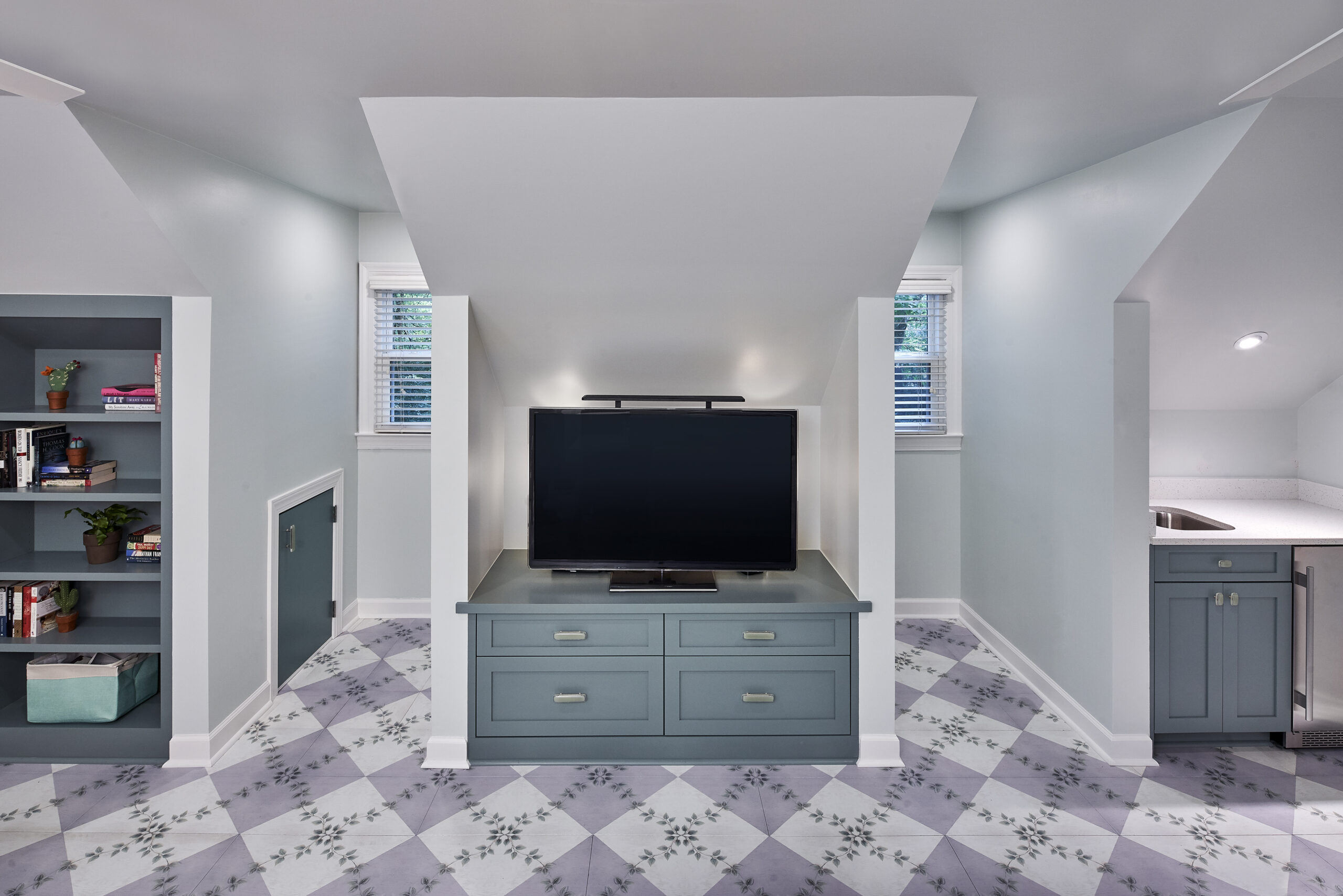 Attic remodel with storage and TV area