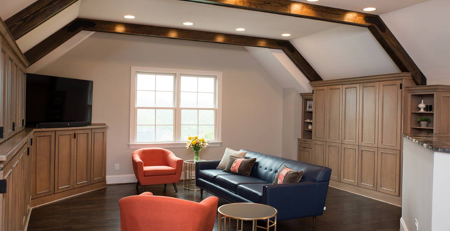 Modern living room addition with vaulted ceilings