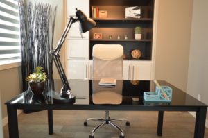 New home office with wood floors.