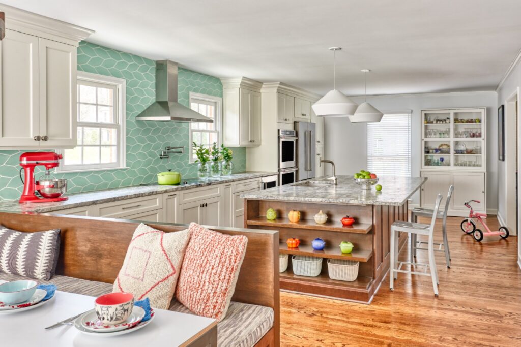 kitchen renovation seafoam green wallpaper large island hooded vent hardwood floors