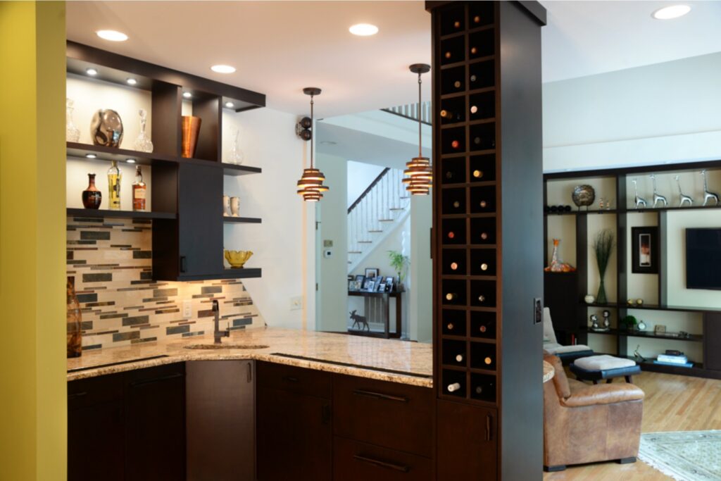 Eclectic small kitchen remodel with open shelving and smart win display and storage