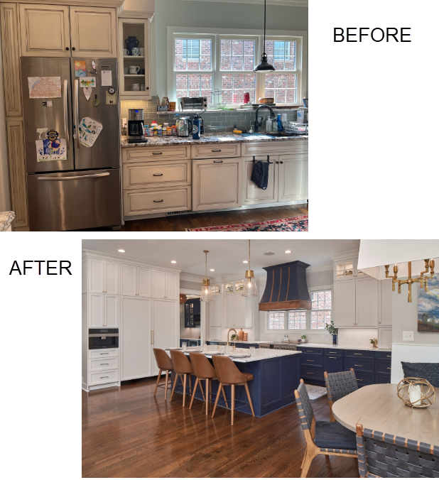 Before and after of a kitchen remodel with blue and white cabinets