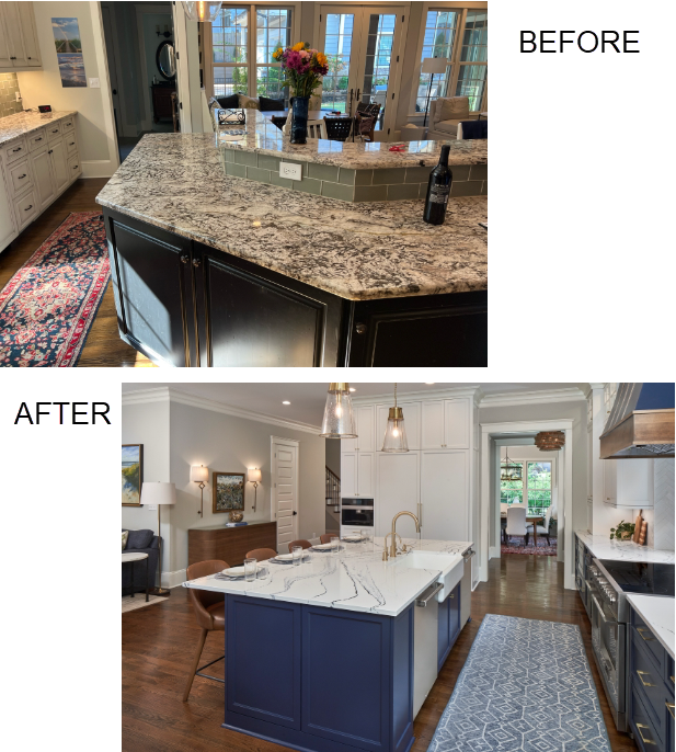 Before and after of a kitchen remodel with blue and white cabinets